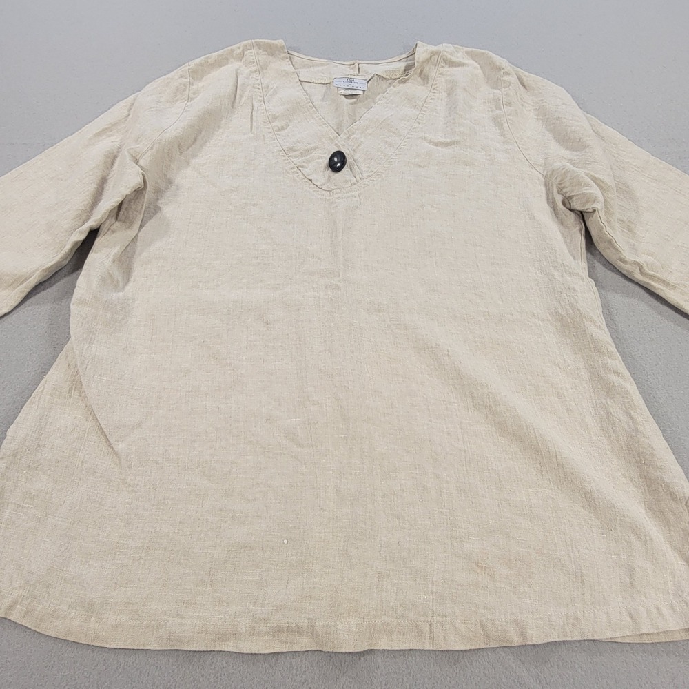 Vintage Hot Cotton Linen Blouse Women's XL Tan V Neck 3/4 Sleeve Top Made In USA - Picture 2 of 9